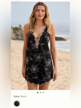 Anthropoligie Black Embroidered Floral Lace-edge swim cover up